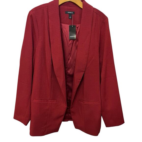 torrid Jackets & Blazers - Torrid Studio Pique Classic Fit Blazer 1X Open Front Long Line Rhubarb Red Woven